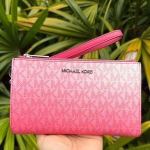 Michael Kors Jet Set Travel LG Double Zip Wristlet MK Ombre Hibiscus Pink